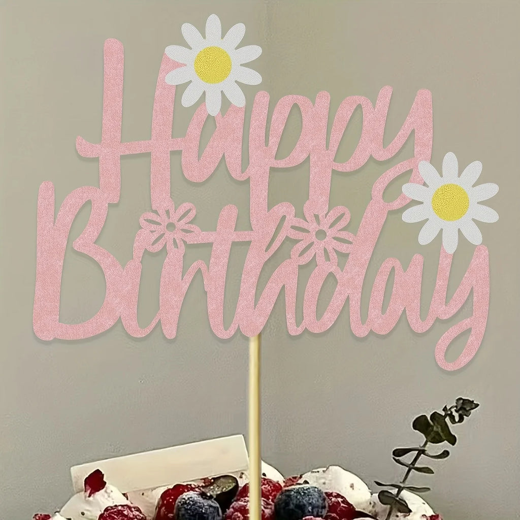 Happy Birthday" Daisy Cake Topper - Pink Cursive Design with White Daisies, Bamboo Stand for Festive Cake Decorations