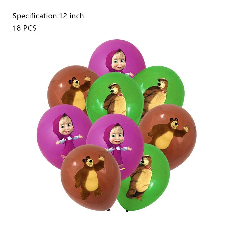 Mashas and Bear Birthday Party Decoration Cartoon Theme Balloons Kids Event Supplies Disposable Tableware Backdrop