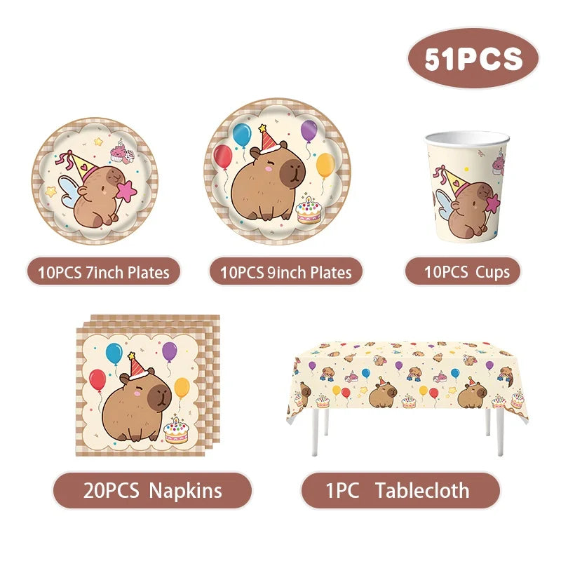 Capybara Birthday Party Decoration Happy Balloons Girl Tablecloth Tableware Surprises Cake Topper Accessories Banner Napkins Set