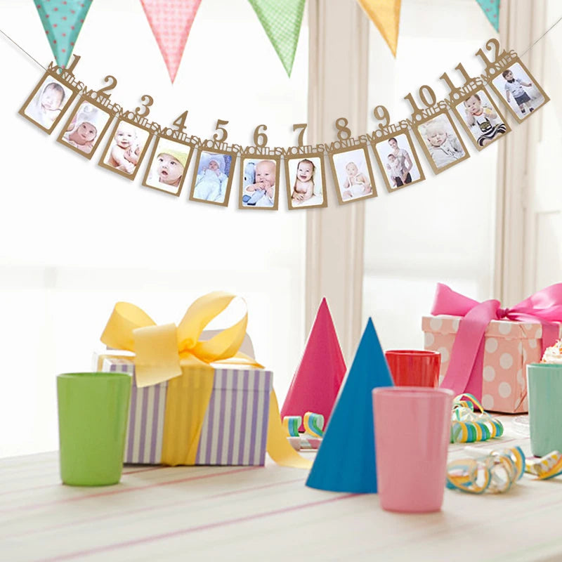 Baby Meilenstein Foto Banner 1–12 Monate – Kraftpapier Wachstumsrekord | 1. Geburtstag Fotorequisite
