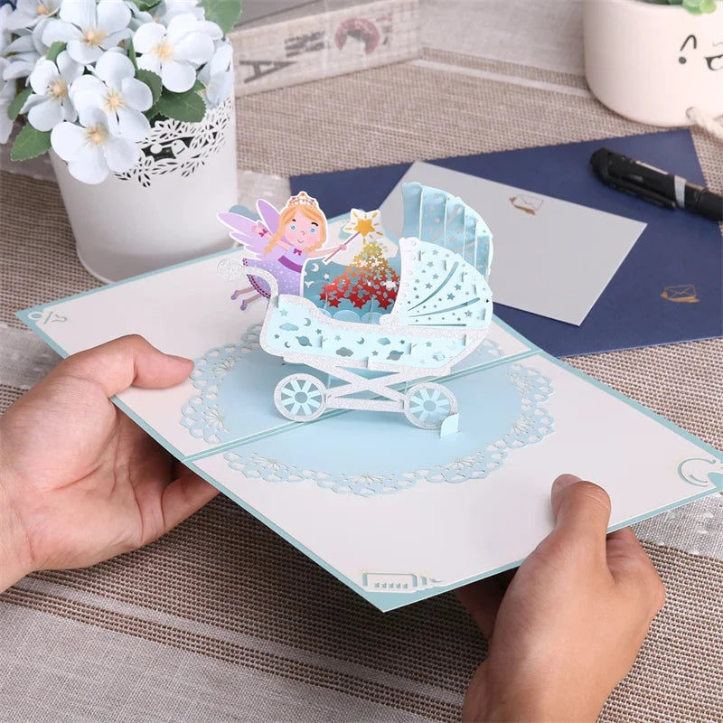 1st First Birthday Gift Card for Newborn 3D Baby Carriage  Little Fairy Greeting Cards for Baby Shower Invitation Pink Blue