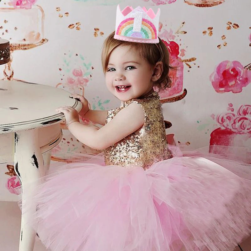 Kids Birthday Party Rainbow Crown Headband 1st 2nd 3rd Birthday Party Photo Props Baby Shower Party Number Hat Unicorn Party
