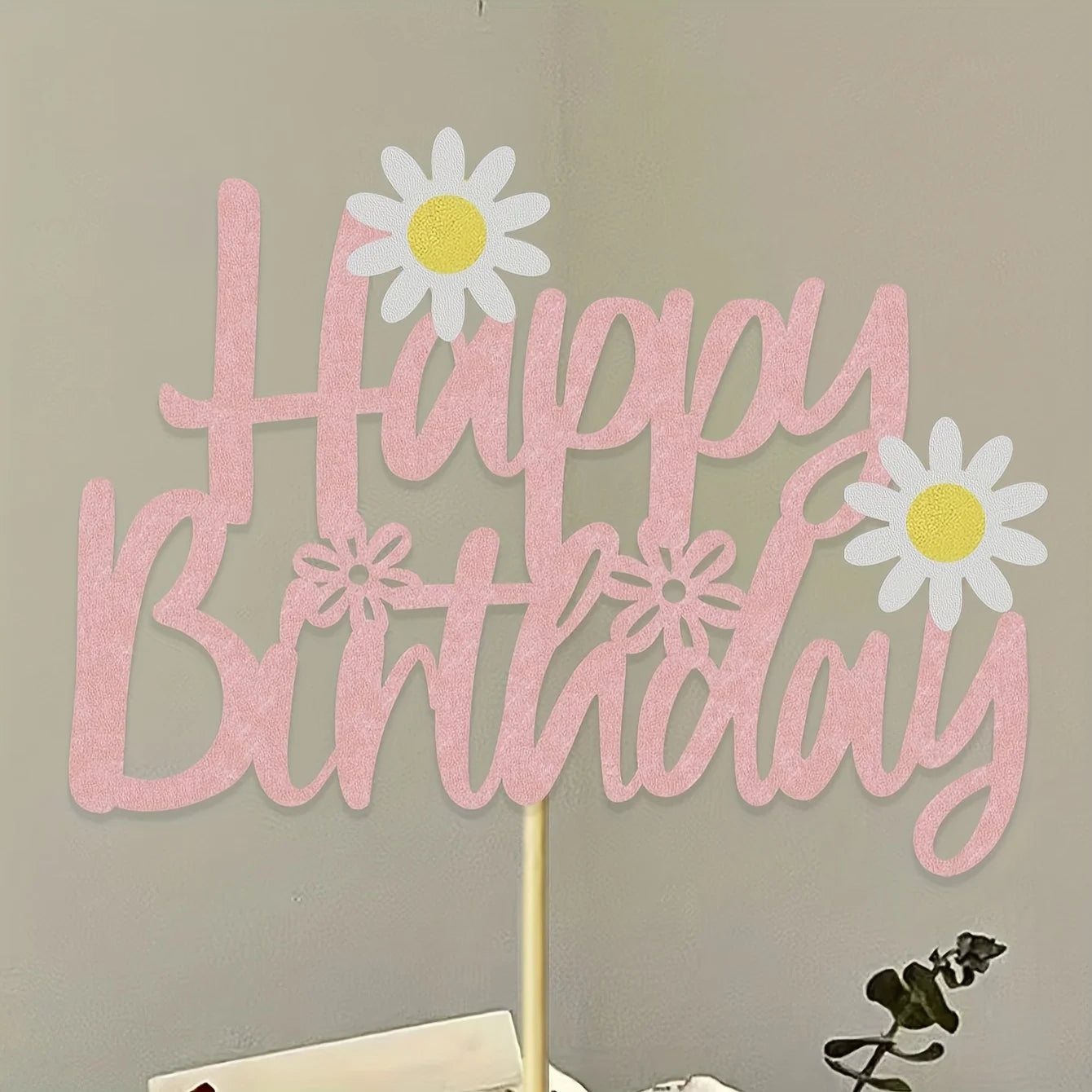 Happy Birthday" Daisy Cake Topper - Pink Cursive Design with White Daisies, Bamboo Stand for Festive Cake Decorations