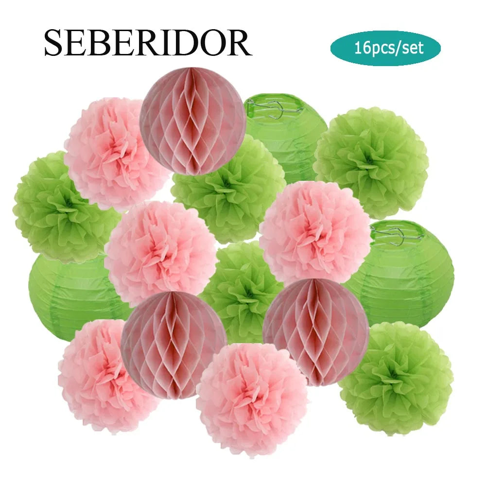 Papier Laternen Set 16-teilig – Runde Laternen, Waben & Pompons | Geburtstag, Hochzeit & Party | 35 Farben