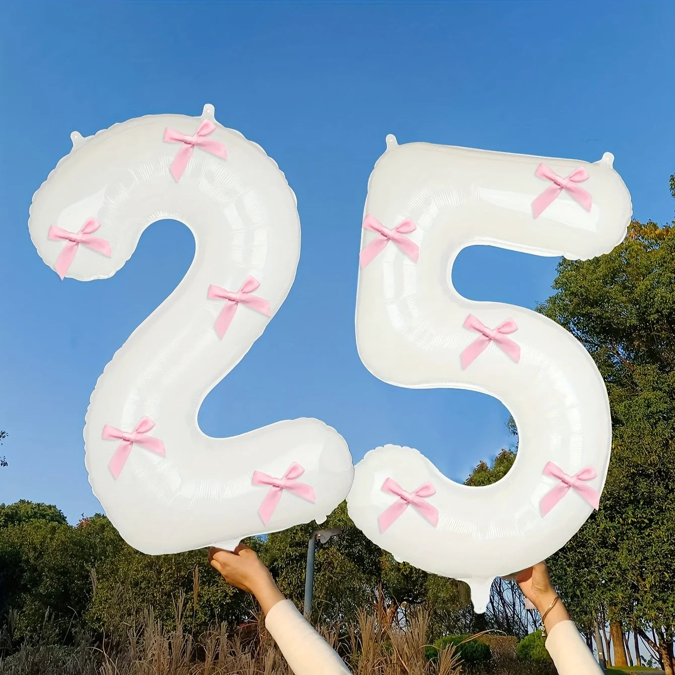 2 40inch Balloons with Pink Bow Decorations in White, Suitable for Birthday Parties, Anniversaries, Weddings, Proposals, New Year Decorations, Pink Bow Foil Numbers for Ages 0-9