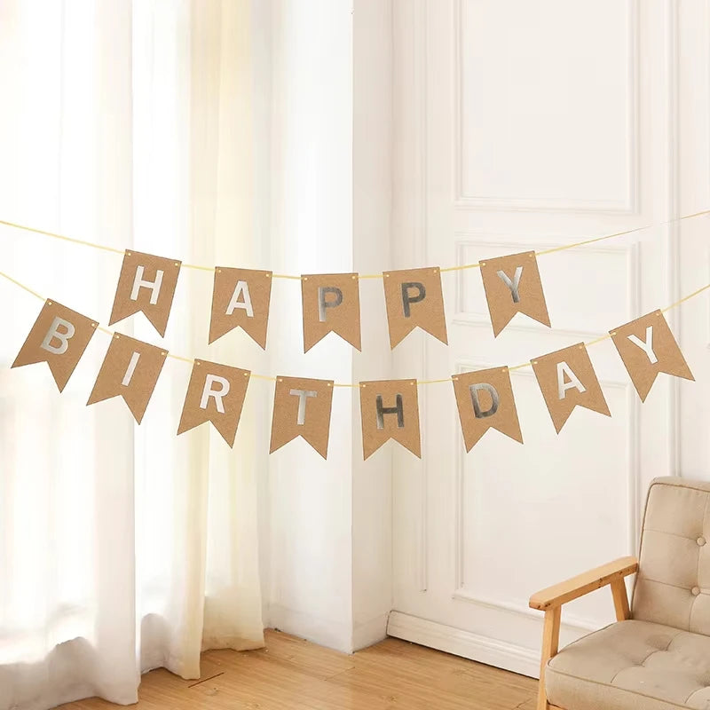 Happy Birthday Flags Decoration Kraft Paper Banner Party Bunting Garland Set Boy Girl Baby Shower Decoration Supplies
