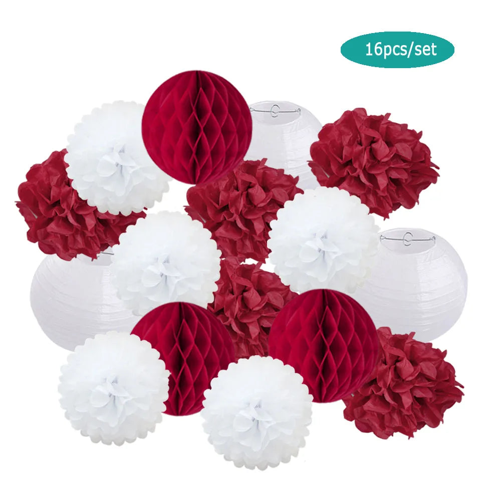 Papier Laternen Set 16-teilig – Runde Laternen, Waben & Pompons | Geburtstag, Hochzeit & Party | 35 Farben