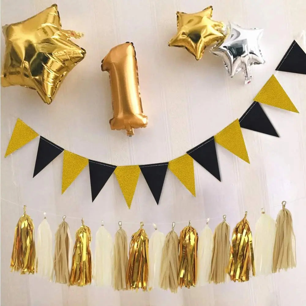 Schwarz Gold Wimpelgirlande – Dreieck Flaggen Banner | Geburtstag, Hochzeit & Abschluss Deko