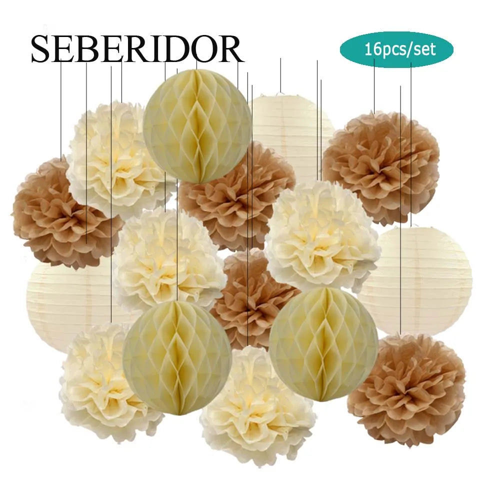 Papier Laternen Set 16-teilig – Runde Laternen, Waben & Pompons | Geburtstag, Hochzeit & Party | 35 Farben