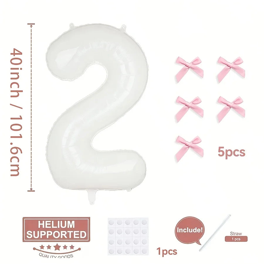 2 40inch Balloons with Pink Bow Decorations in White, Suitable for Birthday Parties, Anniversaries, Weddings, Proposals, New Year Decorations, Pink Bow Foil Numbers for Ages 0-9