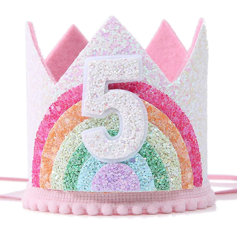 Kids Birthday Party Rainbow Crown Headband 1st 2nd 3rd Birthday Party Photo Props Baby Shower Party Number Hat Unicorn Party