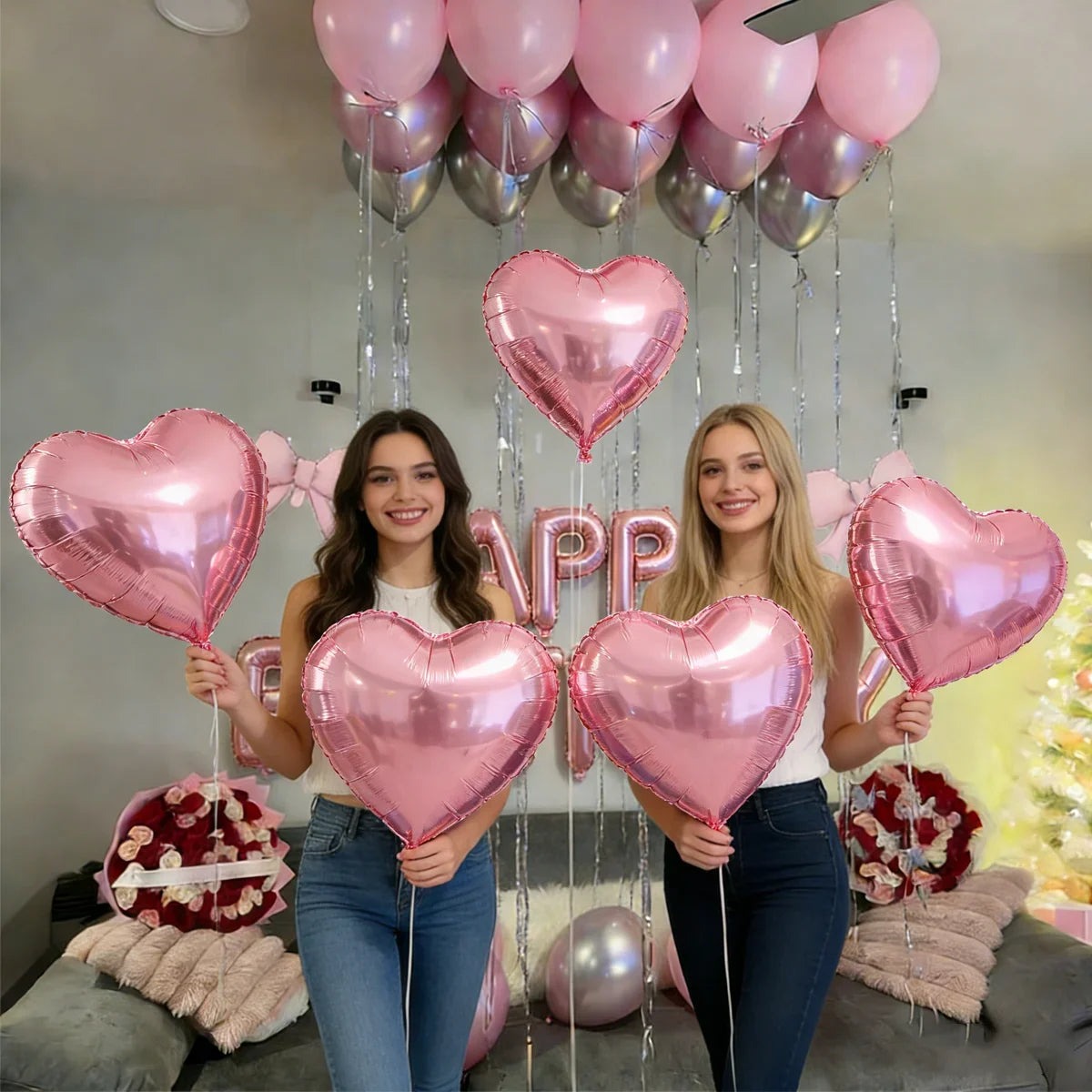 Pink Birthday Balloon Set with Bow Aluminum Film Balloon for Birthday Party Balloon Atmosphere Decoration Photo Props