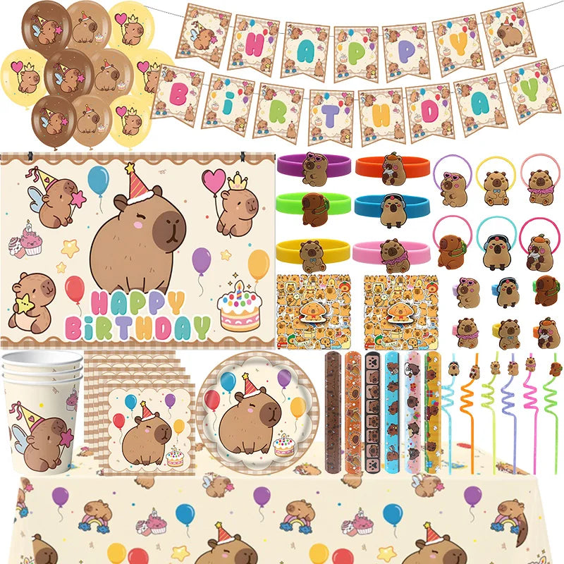 Capybara Birthday Party Decoration Happy Balloons Girl Tablecloth Tableware Surprises Cake Topper Accessories Banner Napkins Set