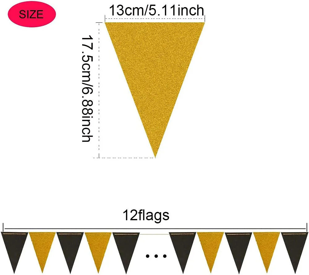 Schwarz Gold Wimpelgirlande – Dreieck Flaggen Banner | Geburtstag, Hochzeit & Abschluss Deko