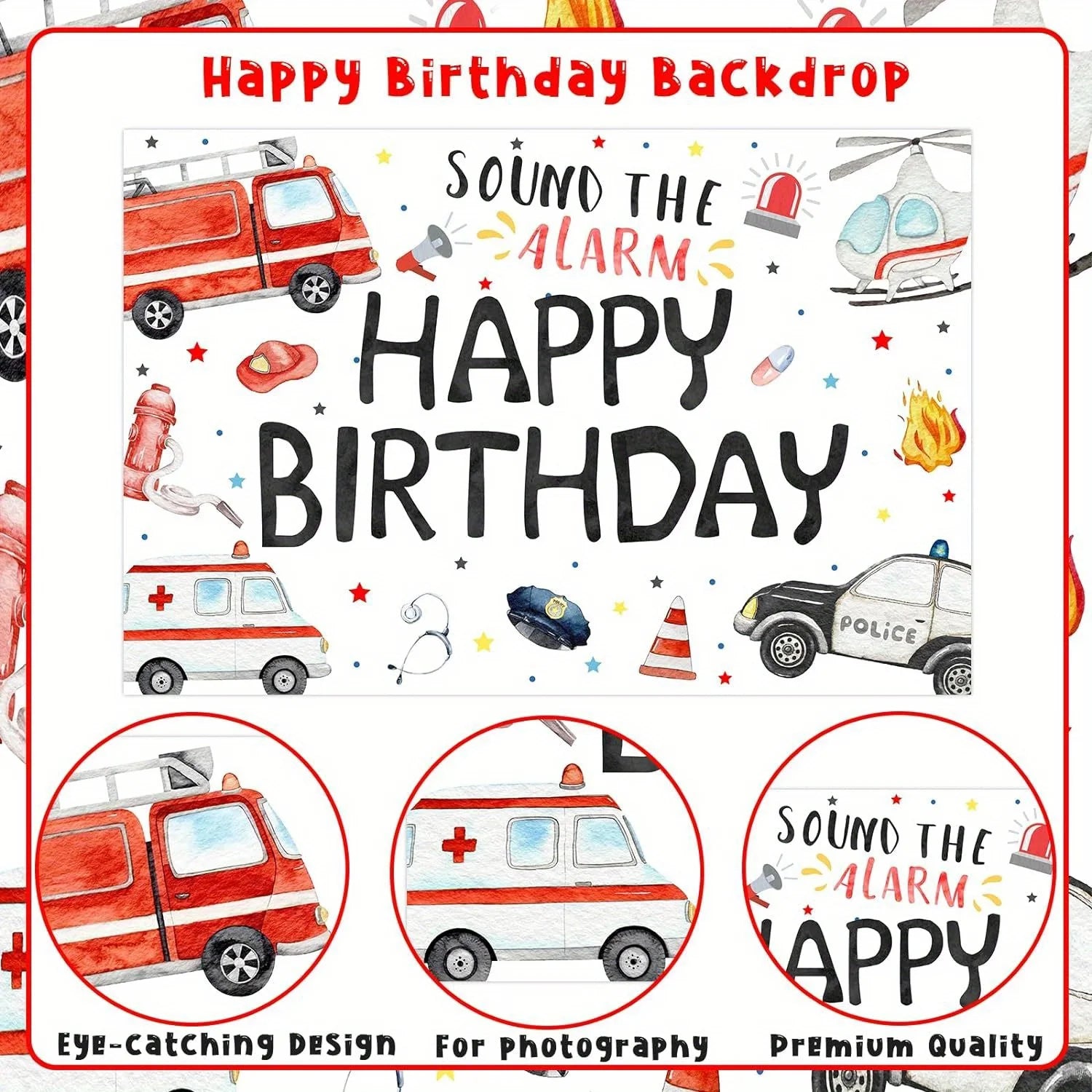 1pc Emergency Vehicle Birthday Backdrop Boy Birthday Party Photography Backdrop Party Decoration Photo Photography Studio Props