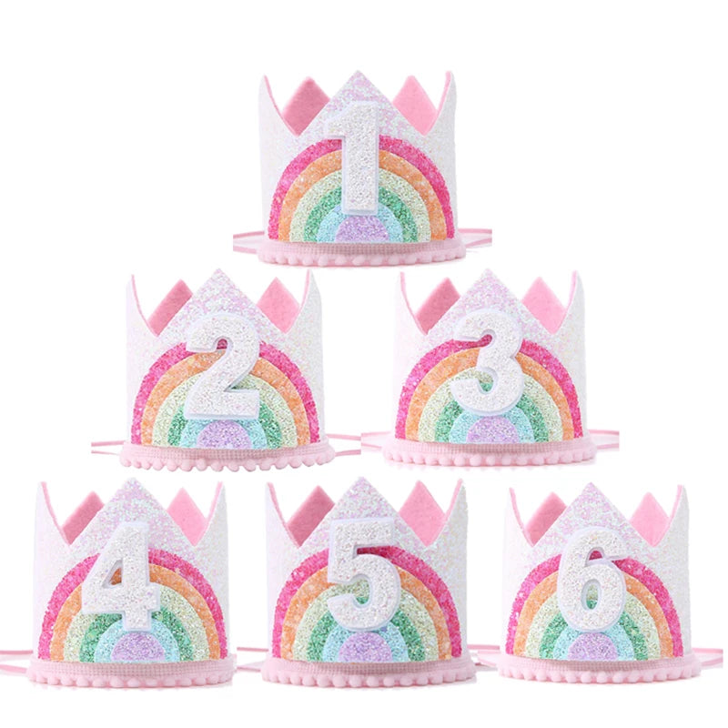 Kids Birthday Party Rainbow Crown Headband 1st 2nd 3rd Birthday Party Photo Props Baby Shower Party Number Hat Unicorn Party