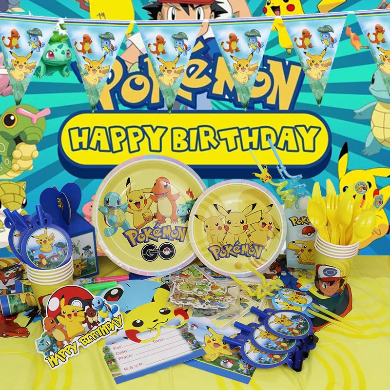 Pokemon Birthday Party Decoration New Ligntning Pikachu Balloon Kid Event Supplies Disposable Tableware Banner Backdrop Plate