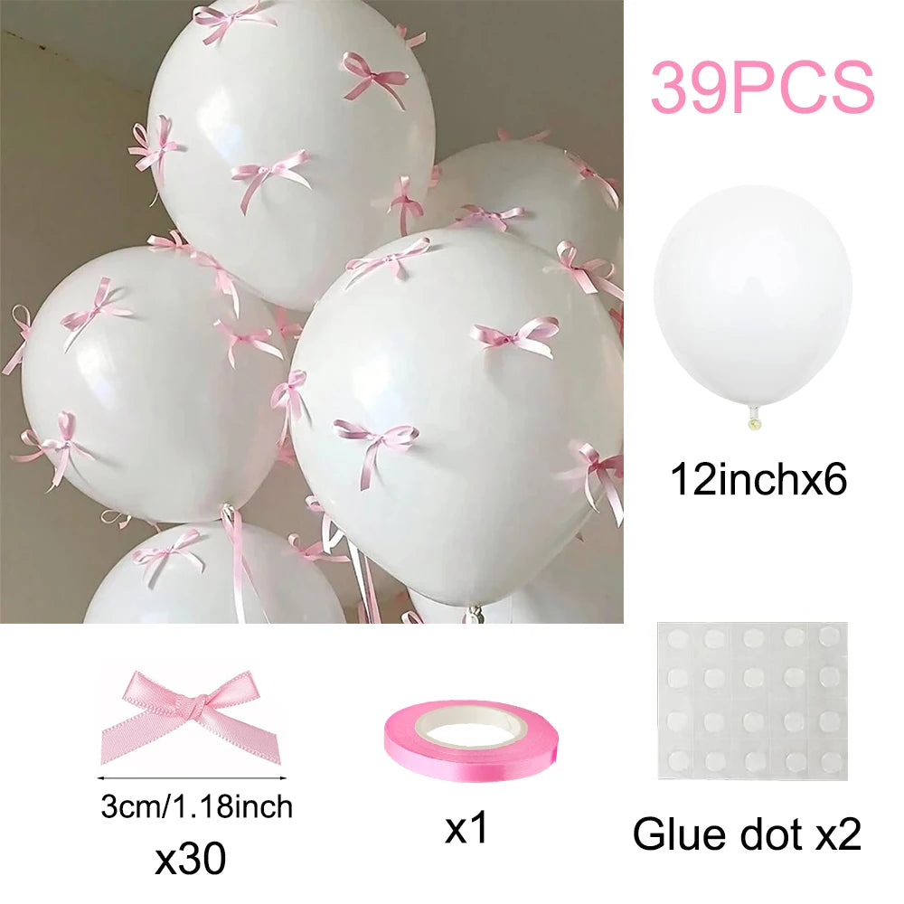 Bow Balloons Set White Balloon Mini Pink Ribbon Bows Girls Birthday Party Decorations Globos Baby Shower Wedding Bridal Shower