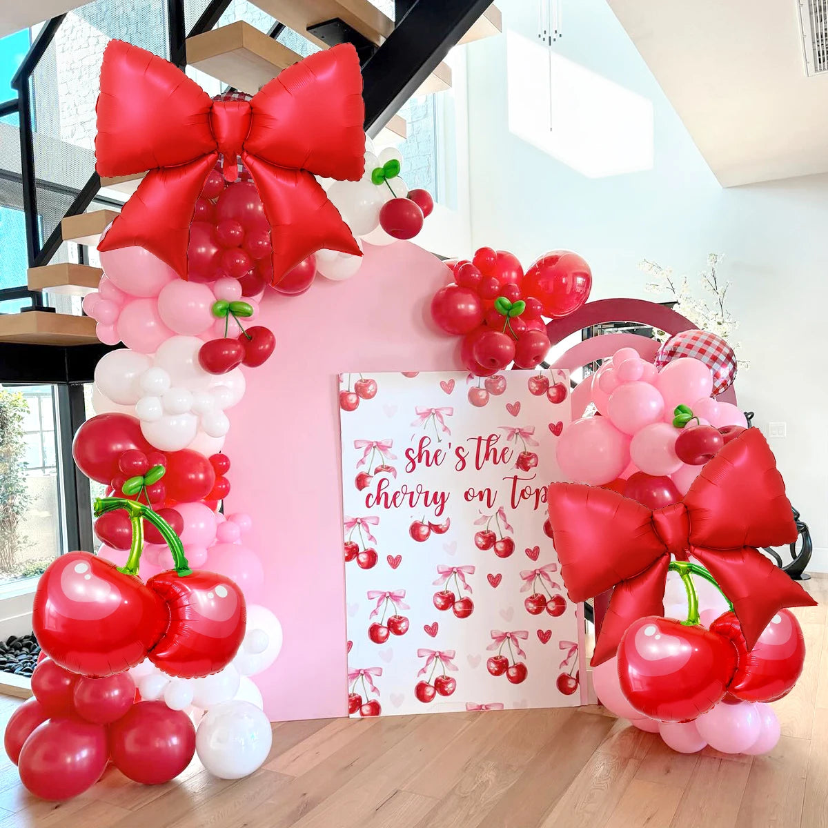 4pcs bow and cherry balloons, "She's The Cherry On Top," berry-themed first birthday, fruit-themed baby shower,bridal wedding