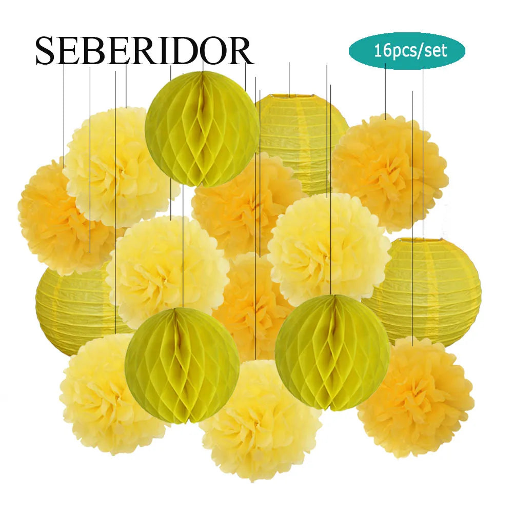 Papier Laternen Set 16-teilig – Runde Laternen, Waben & Pompons | Geburtstag, Hochzeit & Party | 35 Farben