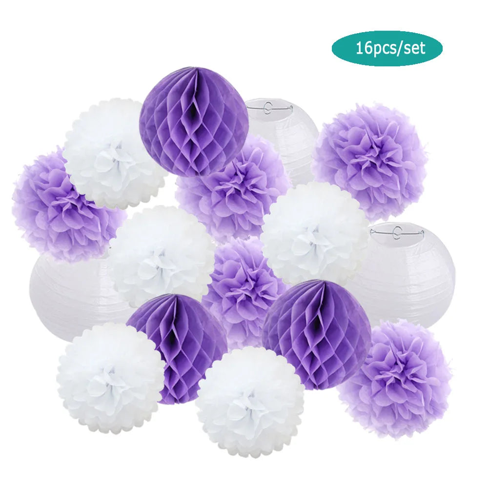 Papier Laternen Set 16-teilig – Runde Laternen, Waben & Pompons | Geburtstag, Hochzeit & Party | 35 Farben