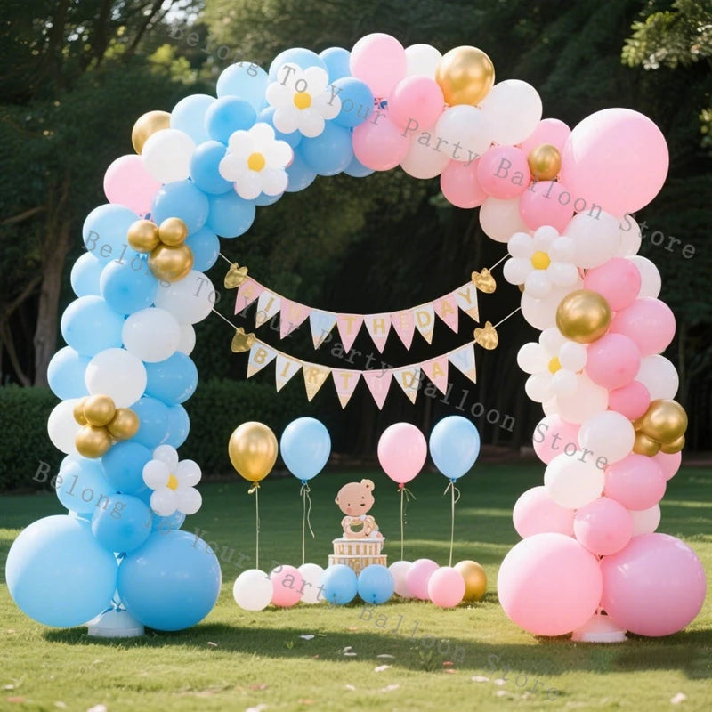 Baby Baptism Balloon Garland Daisy Flower Foil Helium Balloon Arch Kit Gender Reveal Decorations Pink Blue Birthday Party Decor