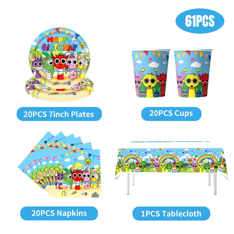 Sprunki Birthday Party Decorations Balloons Backdrop Banners Tableware Set Tablecloth Cups Plates Straws Kids Party Supplies