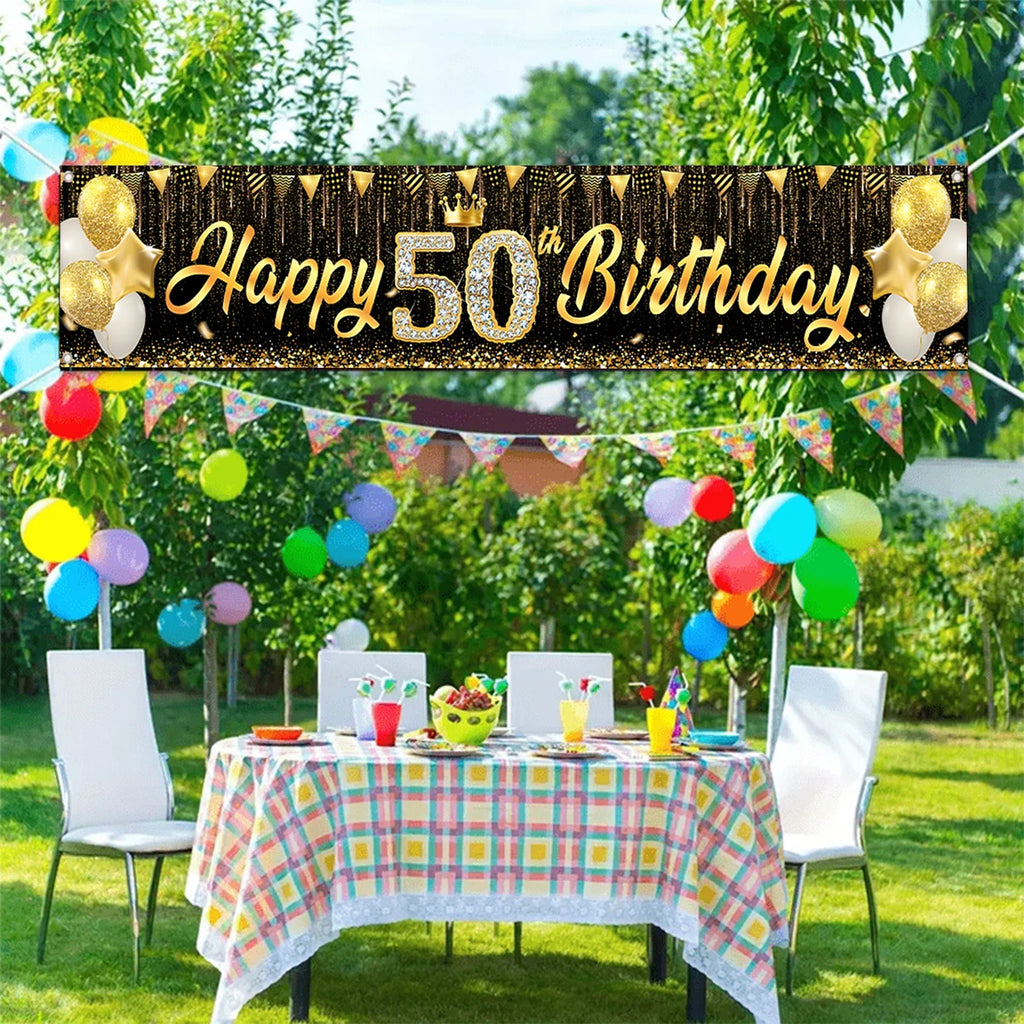 Black Gold Happy Birthday Banner Balloon Flag Adult 30th 40th 50th 60th Birthday Party Decoration Supplies Bunting Anniversary