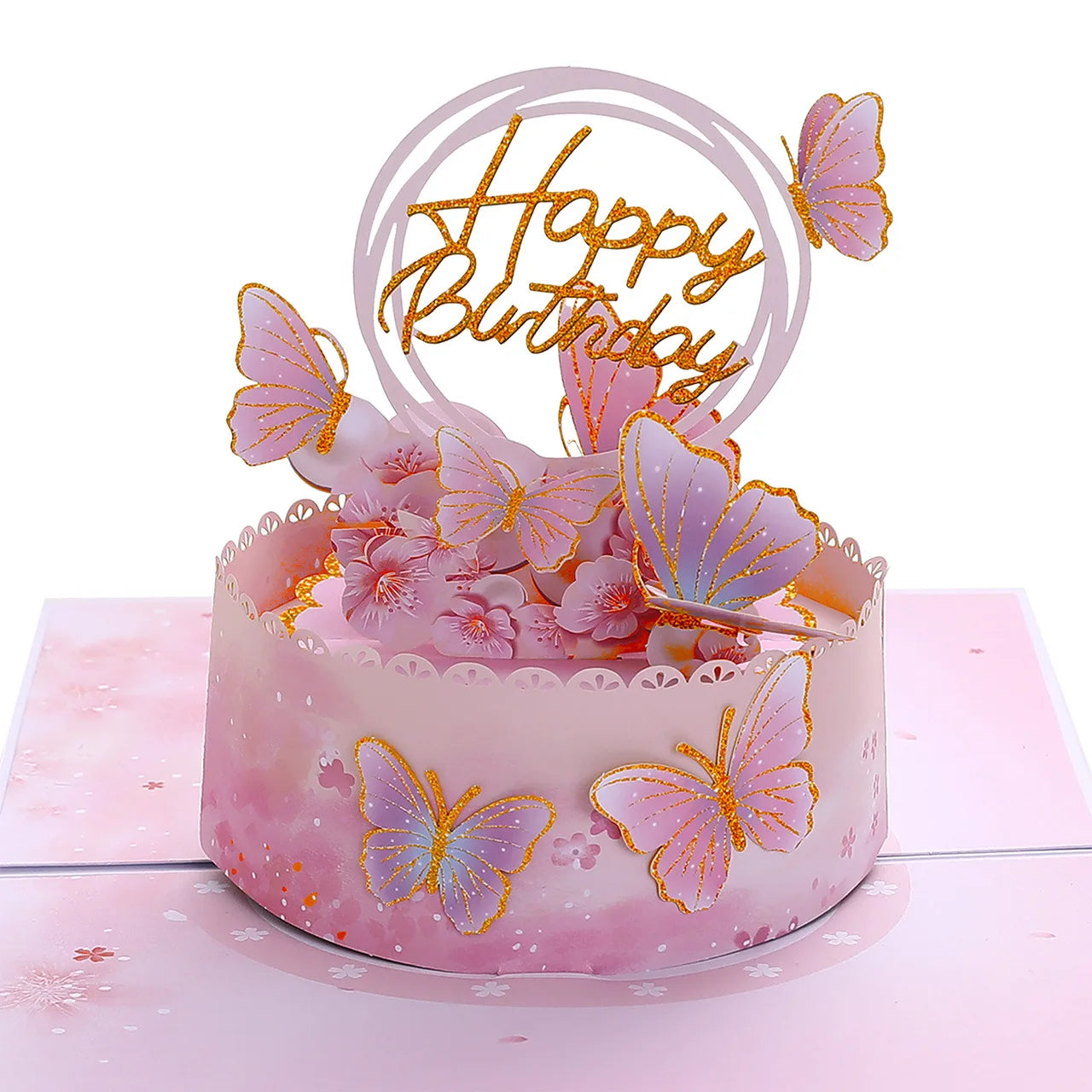 Birthday Pop Up Card: 3D Butterfly Cake & Cherry Blossom Design with Envelope