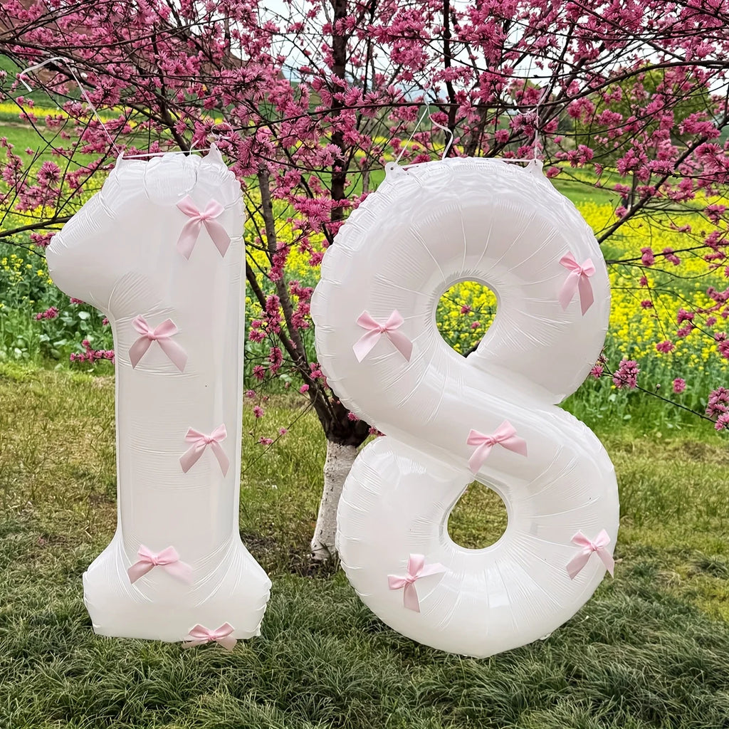 2 40inch Balloons with Pink Bow Decorations in White, Suitable for Birthday Parties, Anniversaries, Weddings, Proposals, New Year Decorations, Pink Bow Foil Numbers for Ages 0-9