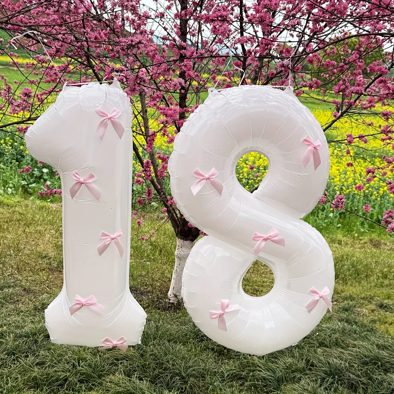 2 40inch Balloons with Pink Bow Decorations in White, Suitable for Birthday Parties, Anniversaries, Weddings, Proposals, New Year Decorations, Pink Bow Foil Numbers for Ages 0-9