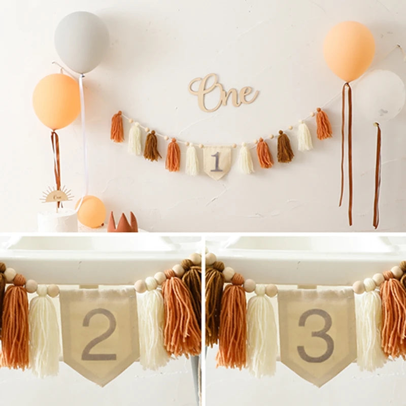 Baby Geburtstag Fransen Banner & Fotorequisite – 1. 2. 3. Geburtstag | Meilenstein Deko Set