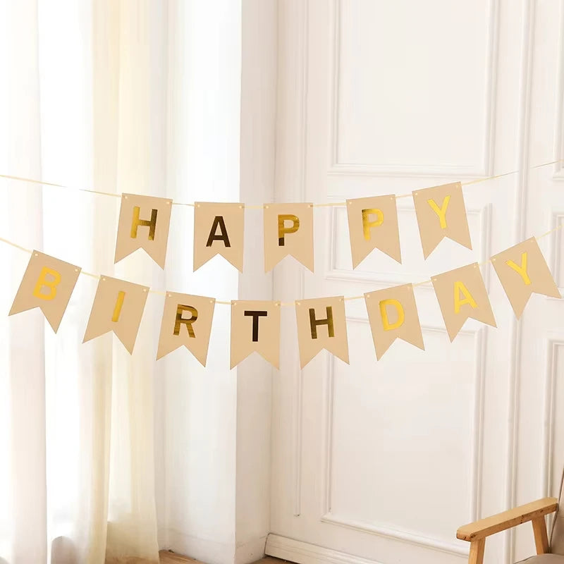Happy Birthday Flags Decoration Kraft Paper Banner Party Bunting Garland Set Boy Girl Baby Shower Decoration Supplies