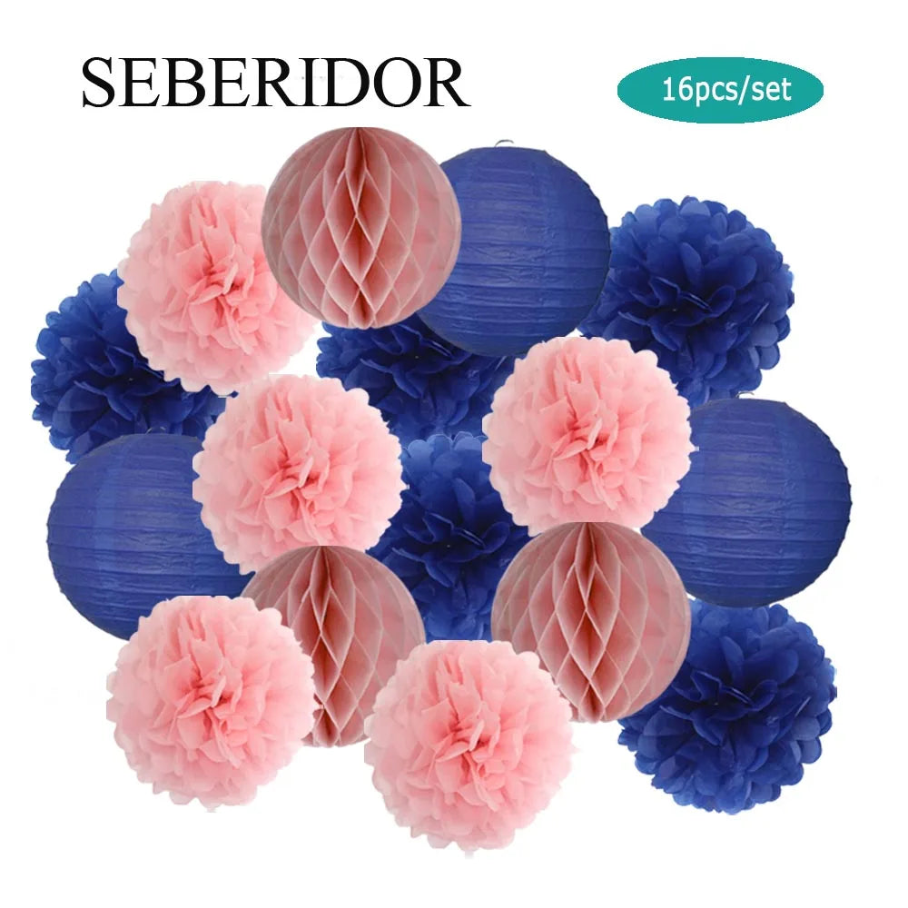 Papier Laternen Set 16-teilig – Runde Laternen, Waben & Pompons | Geburtstag, Hochzeit & Party | 35 Farben