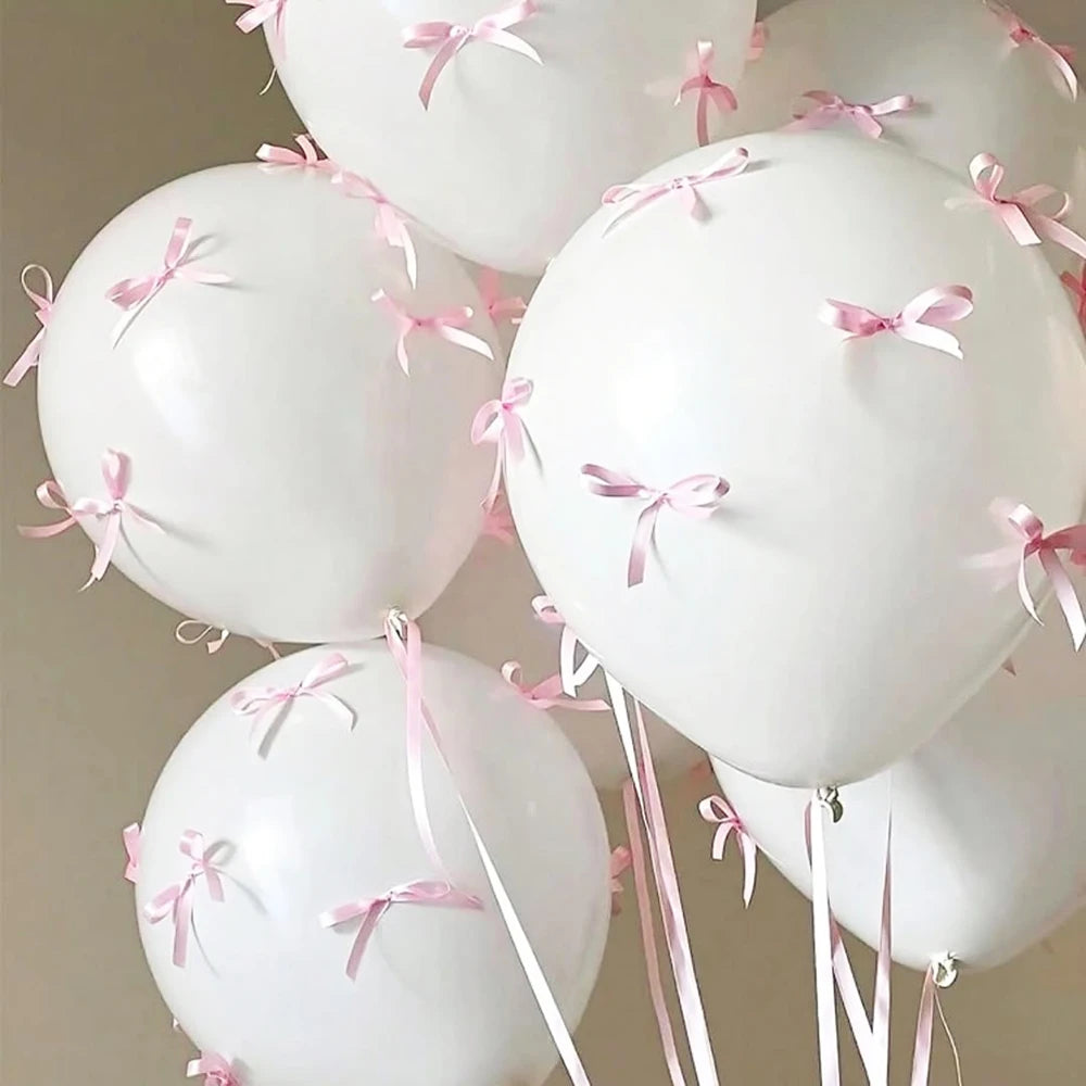 Bow Balloons Set White Balloon Mini Pink Ribbon Bows Girls Birthday Party Decorations Globos Baby Shower Wedding Bridal Shower