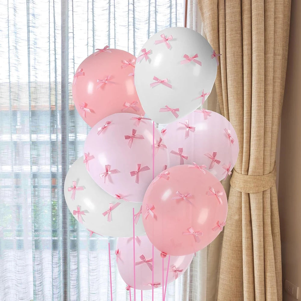 Bow Balloons Set White Balloon Mini Pink Ribbon Bows Girls Birthday Party Decorations Globos Baby Shower Wedding Bridal Shower