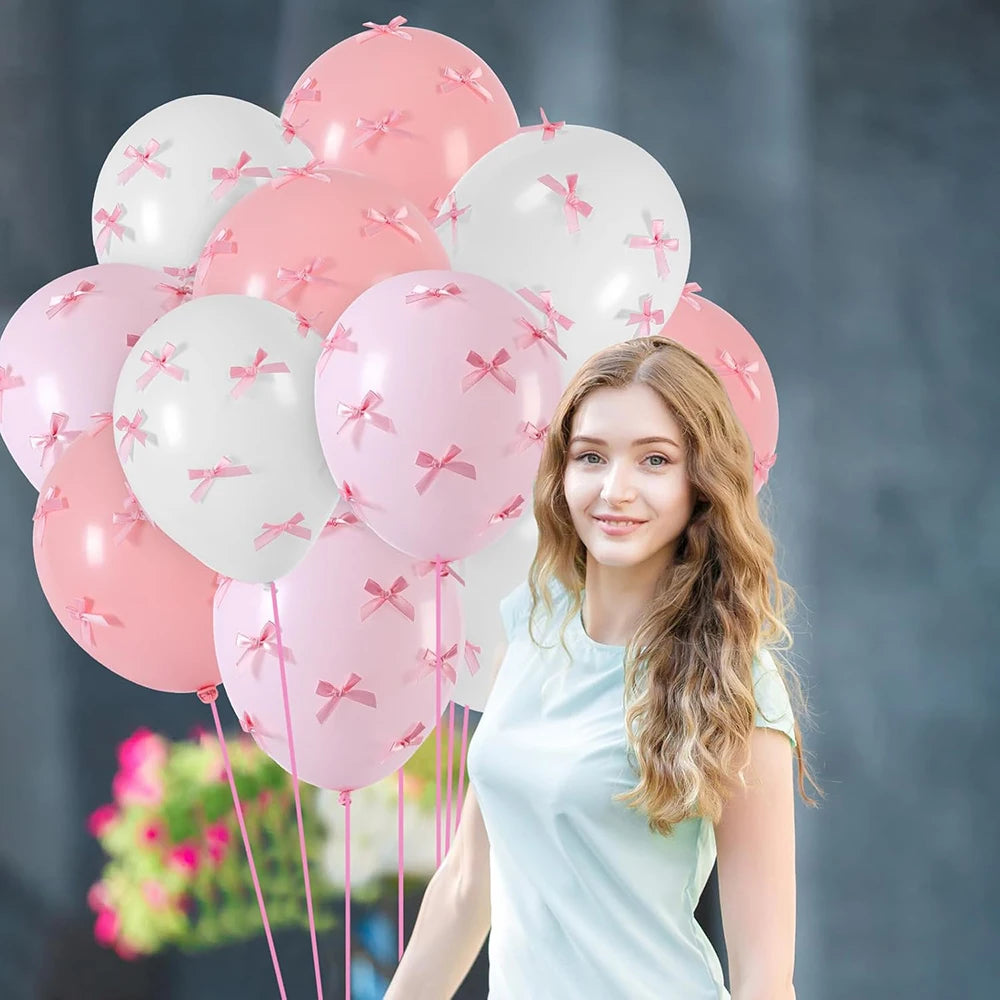 Bow Balloons Set White Balloon Mini Pink Ribbon Bows Girls Birthday Party Decorations Globos Baby Shower Wedding Bridal Shower