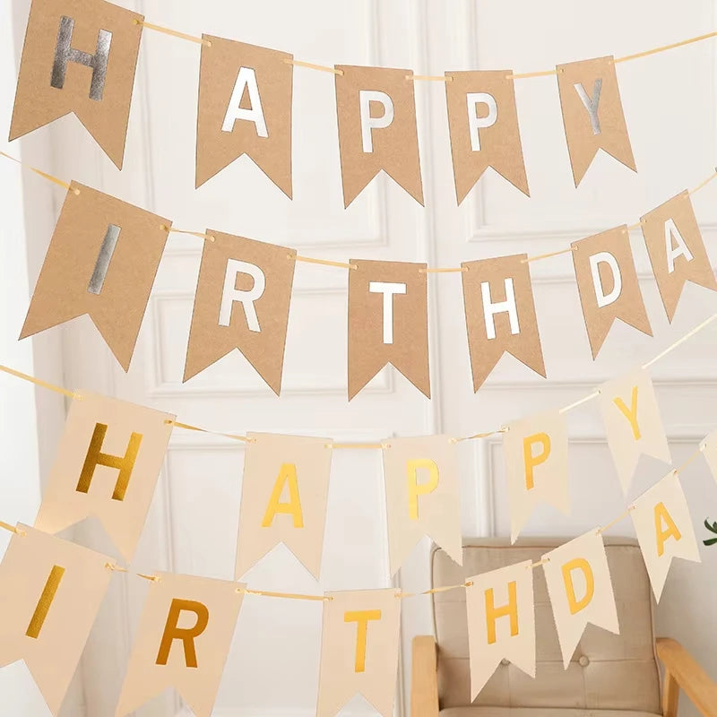 Happy Birthday Flags Decoration Kraft Paper Banner Party Bunting Garland Set Boy Girl Baby Shower Decoration Supplies