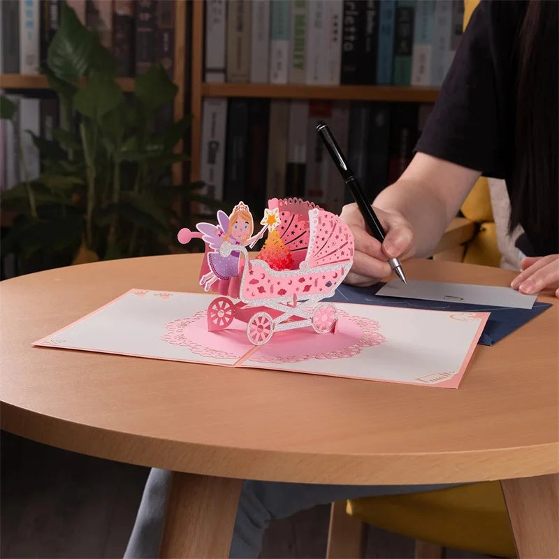 1st First Birthday Gift Card for Newborn 3D Baby Carriage  Little Fairy Greeting Cards for Baby Shower Invitation Pink Blue