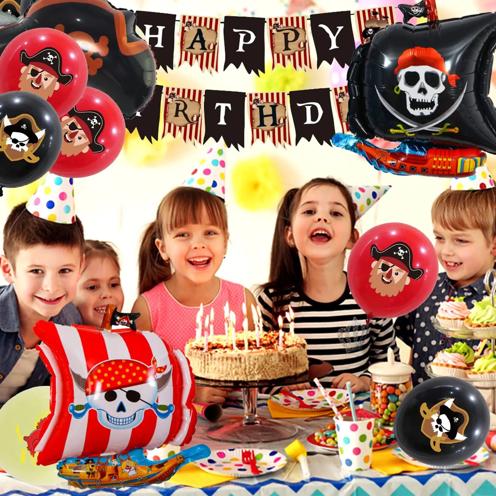 Pirate Birthday Party Decorations, 38 Pieces with Banner, Balloons, Cupcake Toppers, Ship and Shark Foil Balloons