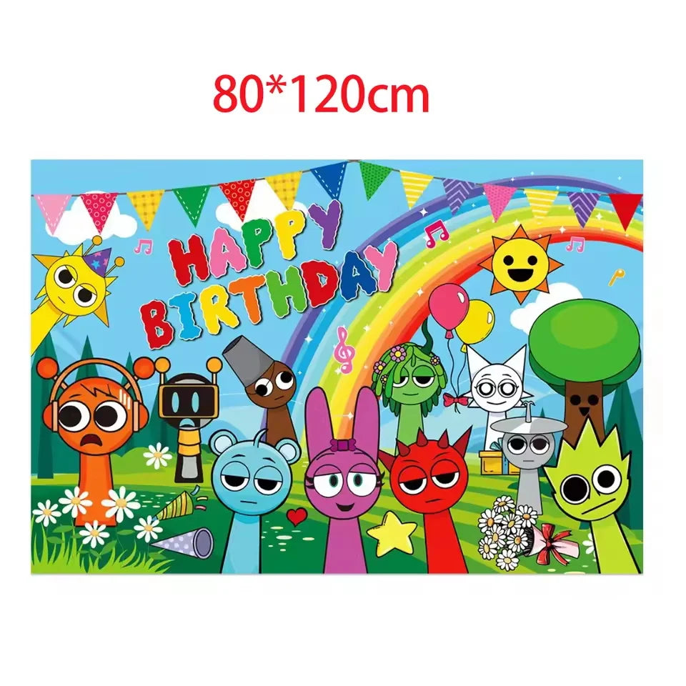 Sprunki Birthday Party Decorations Balloons Backdrop Banners Tableware Set Tablecloth Cups Plates Straws Kids Party Supplies