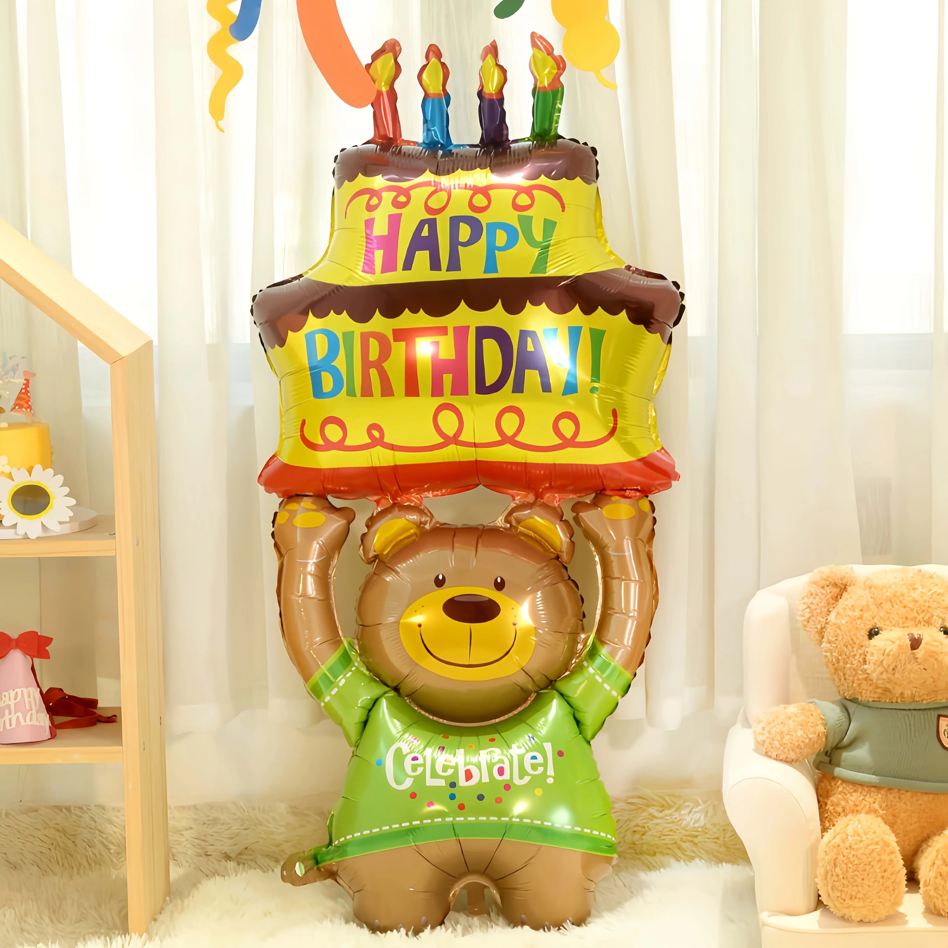 A Teddy Bear Balloon Holding A Cake Is Perfect for Birthday Celebrations and Holiday Gifts. Birthday Cake Decoration Party