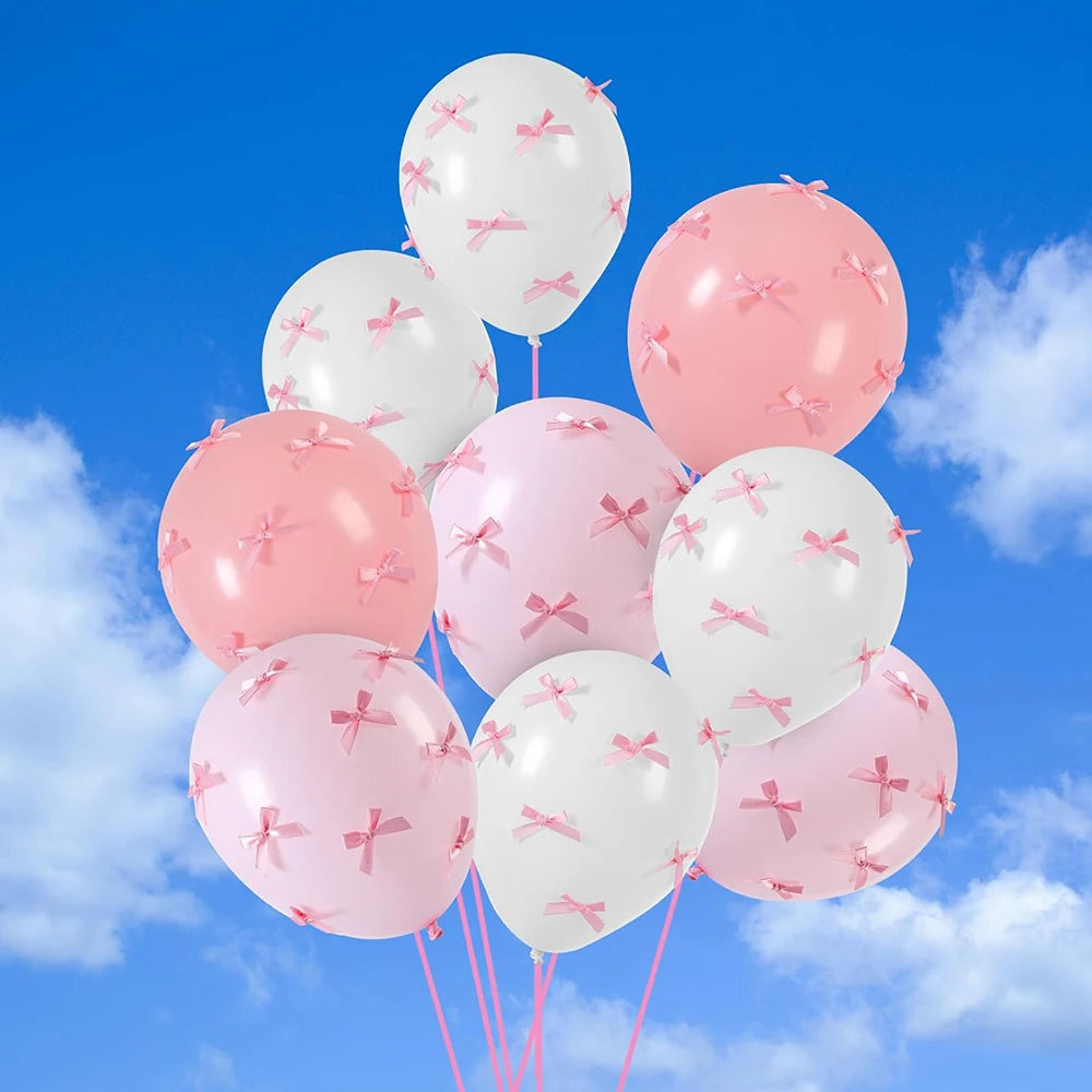Bow Balloons Set White Balloon Mini Pink Ribbon Bows Girls Birthday Party Decorations Globos Baby Shower Wedding Bridal Shower