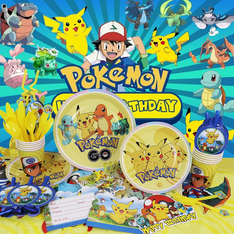 Pokemon Birthday Party Decoration New Ligntning Pikachu Balloon Kid Event Supplies Disposable Tableware Banner Backdrop Plate