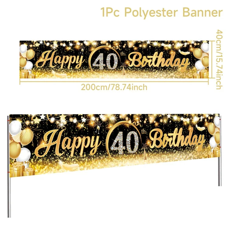 Black Gold Happy Birthday Banner Balloon Flag Adult 30th 40th 50th 60th Birthday Party Decoration Supplies Bunting Anniversary