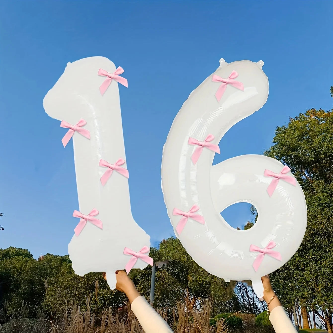 2 40inch Balloons with Pink Bow Decorations in White, Suitable for Birthday Parties, Anniversaries, Weddings, Proposals, New Year Decorations, Pink Bow Foil Numbers for Ages 0-9
