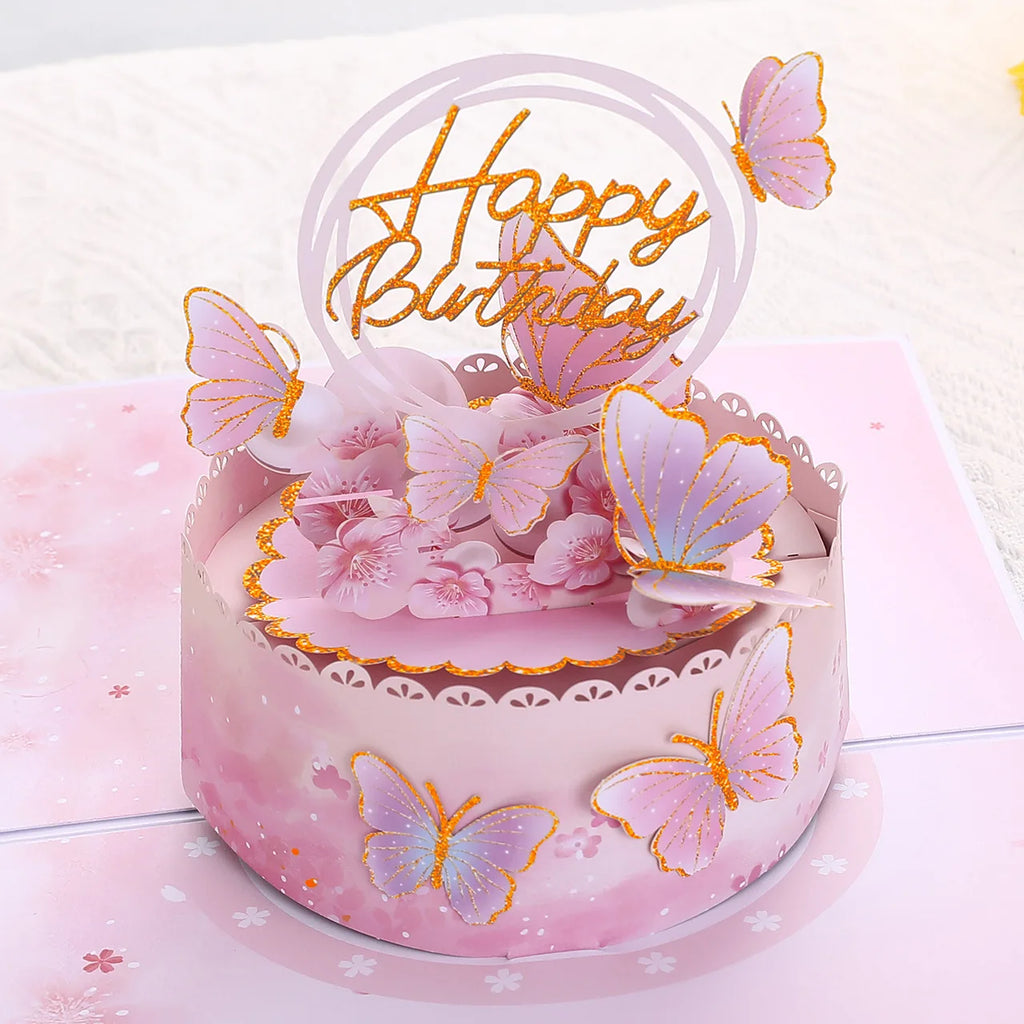 Birthday Pop Up Card: 3D Butterfly Cake & Cherry Blossom Design with Envelope