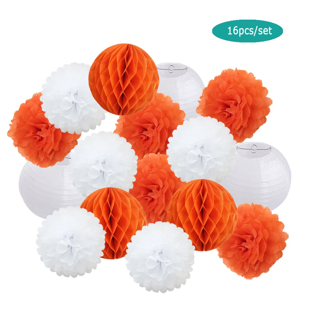 Papier Laternen Set 16-teilig – Runde Laternen, Waben & Pompons | Geburtstag, Hochzeit & Party | 35 Farben