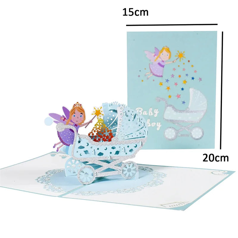1st First Birthday Gift Card for Newborn 3D Baby Carriage  Little Fairy Greeting Cards for Baby Shower Invitation Pink Blue