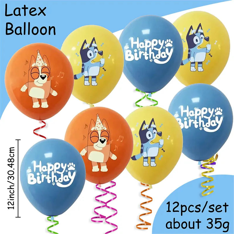 12Pcs/set Bluey Themed Cartoon Cute Balloons Set Supplies for Baby Shower Cake Birthday Family Bachelorette Party Decorations